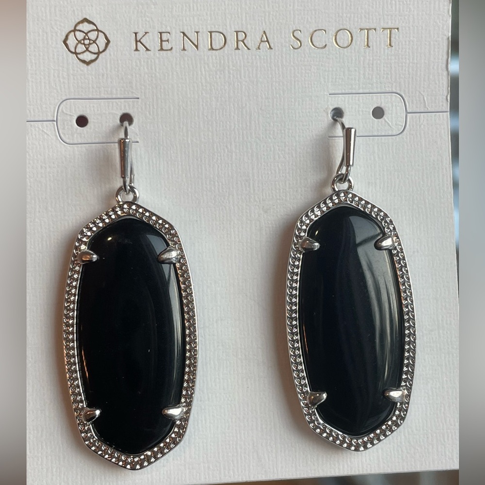 NWT - Kendra Scott Elle Silver Drop Earrings in Black Opaque Glass